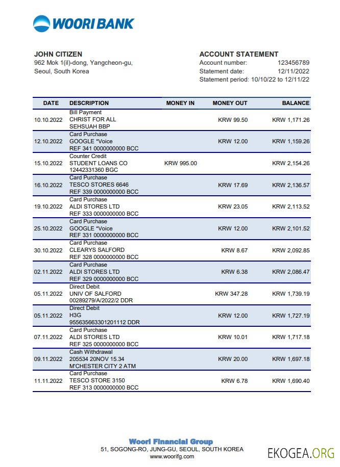 Relevé bancaire Woori de Corée du Sud xls